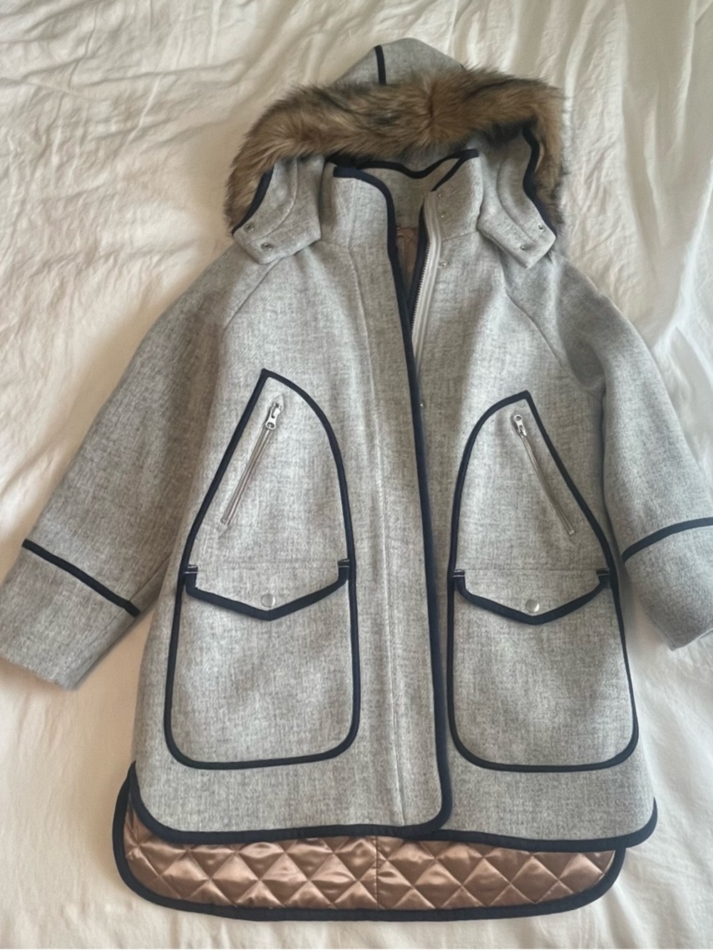 J. Crew Stadium Wool Light Gray Hooded Pea Coat with Faux Fur Trim